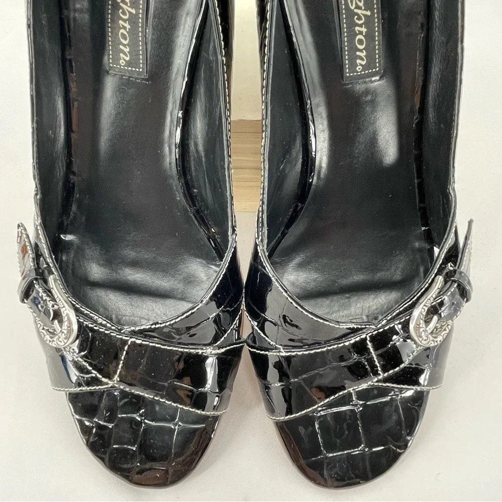 BRIGHTON Black Patent Leather Croc Wedge Peep Toe Corporate Mature Sandal  Sz 10